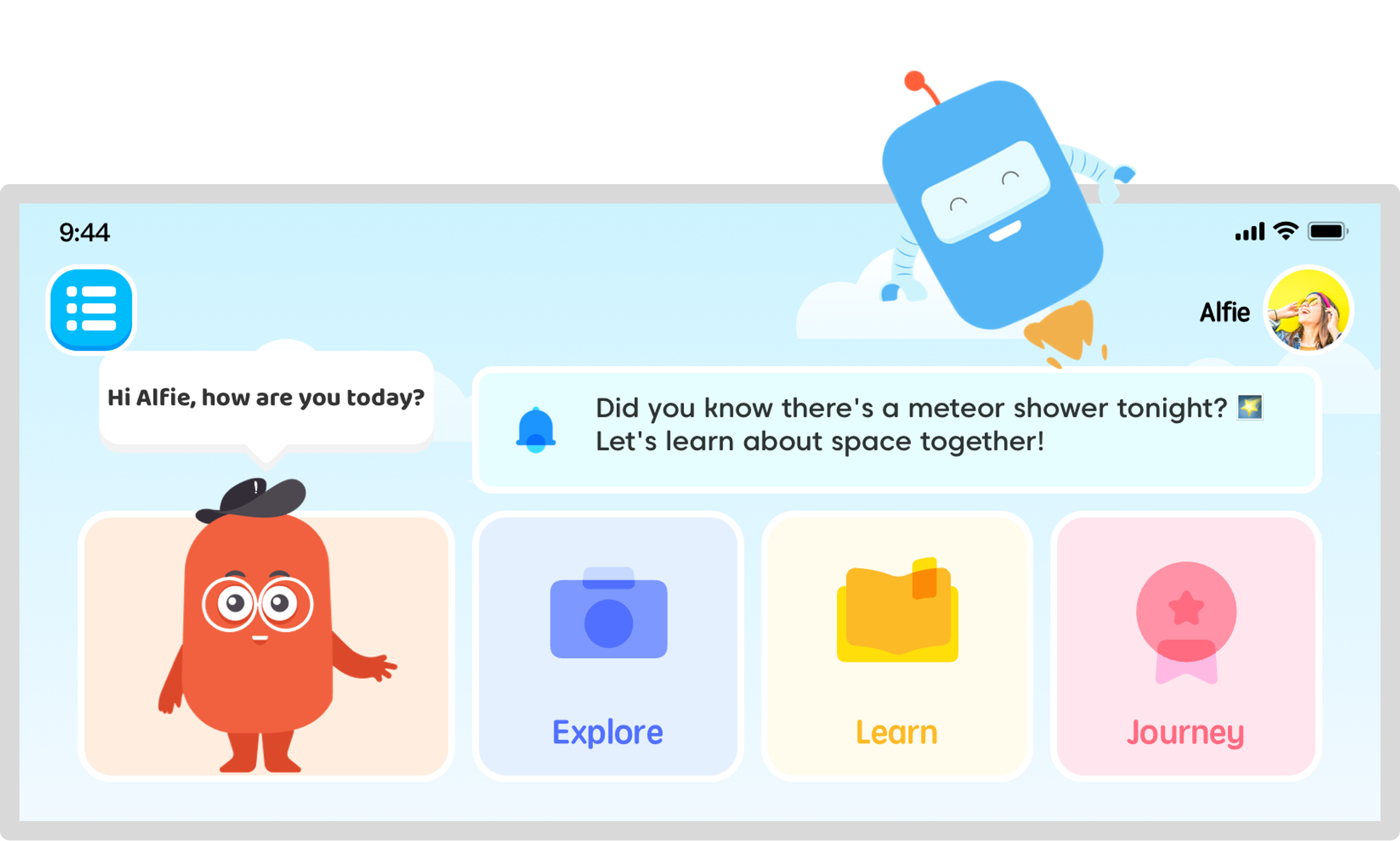 WonderBuddy App Interface with Robot Character